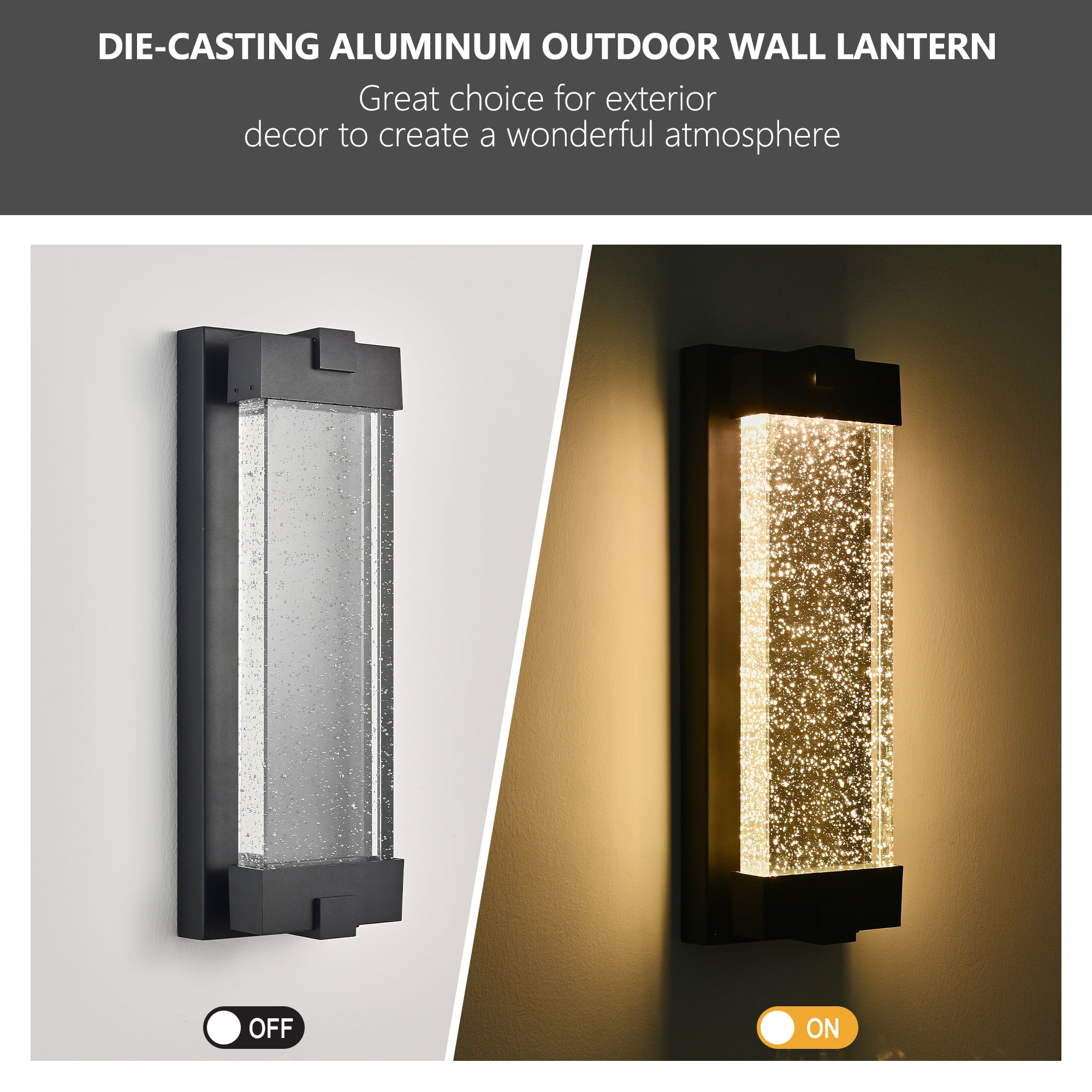 Leumius 19"(H) Black Outdoor Wall Light with Bubble Crystal Glass, LED Light Source, Weatherproof Exterior Sconce for Patio, Porch or Garage (1-Pack)