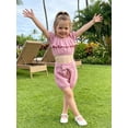 thumbnail image 6 of BemeyourBBs Toddler Baby Girls Summer Clothes Infant Baby Girls 2 Piece Outfits Short Puff Sleeve Square Neck Ruched Shirt Tops Belted Shorts Sets, 6 of 9