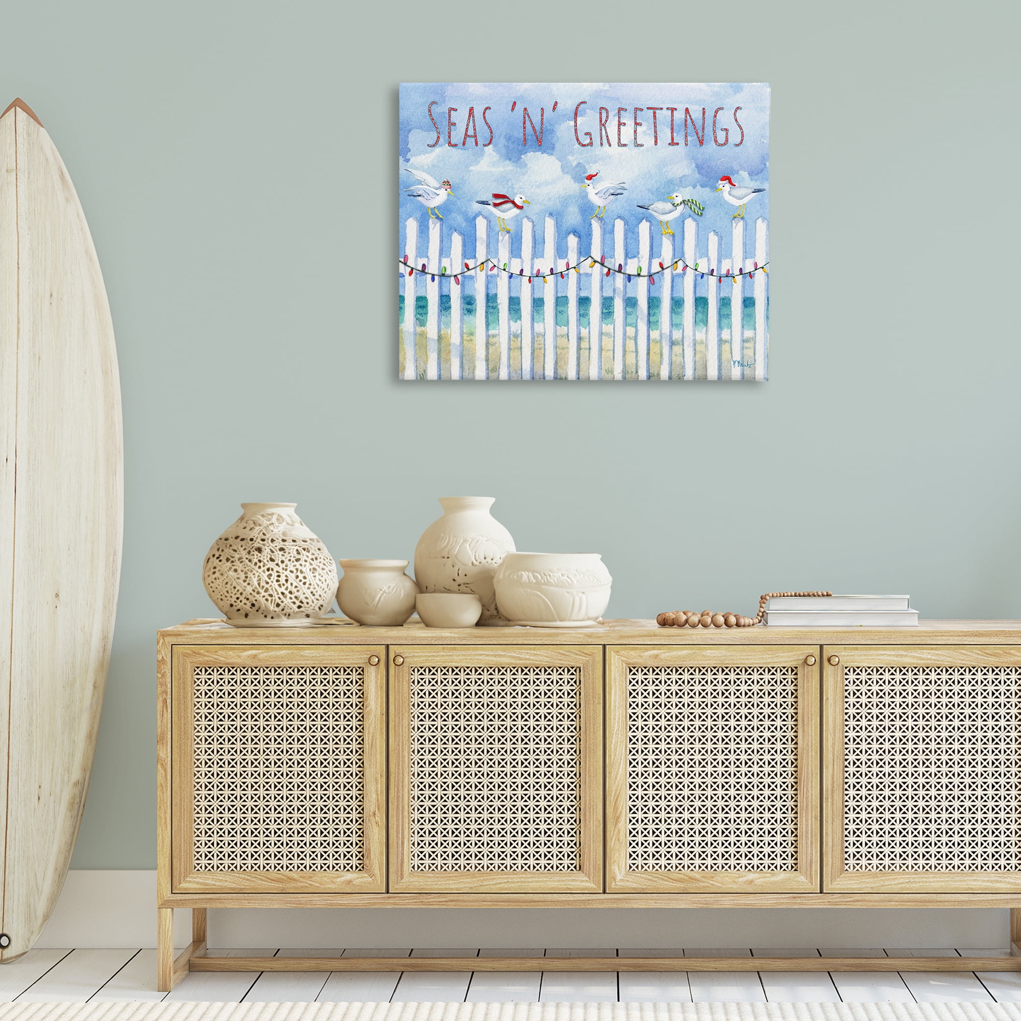 Stupell Industries Seas 'n' Greetings Seagulls Holiday Painting Wrapped Canvas Art Print Wall Art, 40 x 30