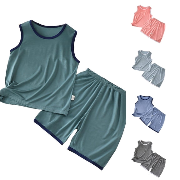 FYDUU Little Big Boys Summer Pajamas Thin Sleeveless Tank Tops Shorts Sleepwear 2 Piece Pajama Set Children's Home Wear 5-6 Years
