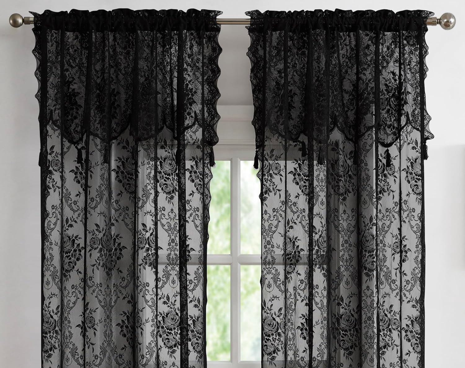 Warm Home Designs Pair of Standard Length 54” (W) 84” (L) Semi Sheer Black Lace Curtains. L Black 84