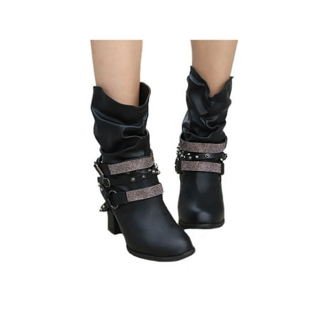 Black Retro Fork Boots - Womens High Block Heel Booties Retro Buckle Slouch Boots Rivets Punk Shoes