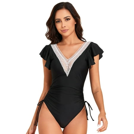 Afdoent Women s Sexy One Piece Swimsuit 2025 Women s Summer New Bodysuit Solid Color Lace Spliced Jumpsuit Swimsuit Color Block Tummy Control Bathing Suit Classic