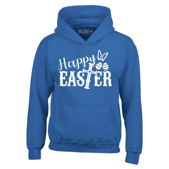 Shop4Ever Men's Happy Easter With Cross Hooded Sweatshirt Hoodie Medium Royal Blue