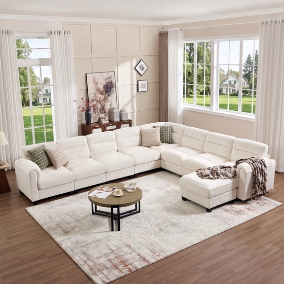 Bonzy Home Convertible Sectional Sofa Modular Sofa with Ottoman, Freely Combinable Configurable Couch for Living Room Oat
