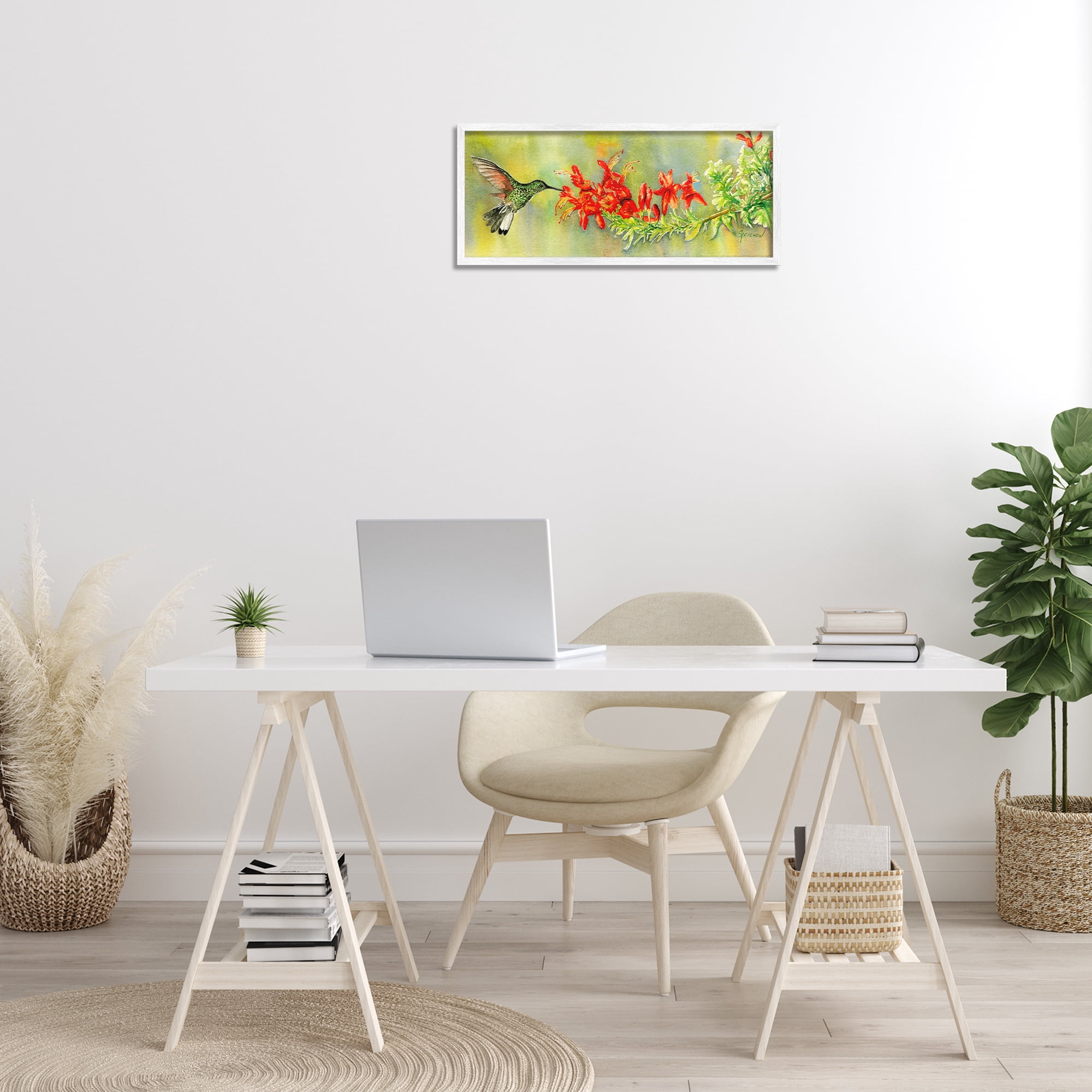 Stupell Industries Quick Sip Hummingbird Animals & Insects Painting White Framed Art Print Wall Art, 24 x 10