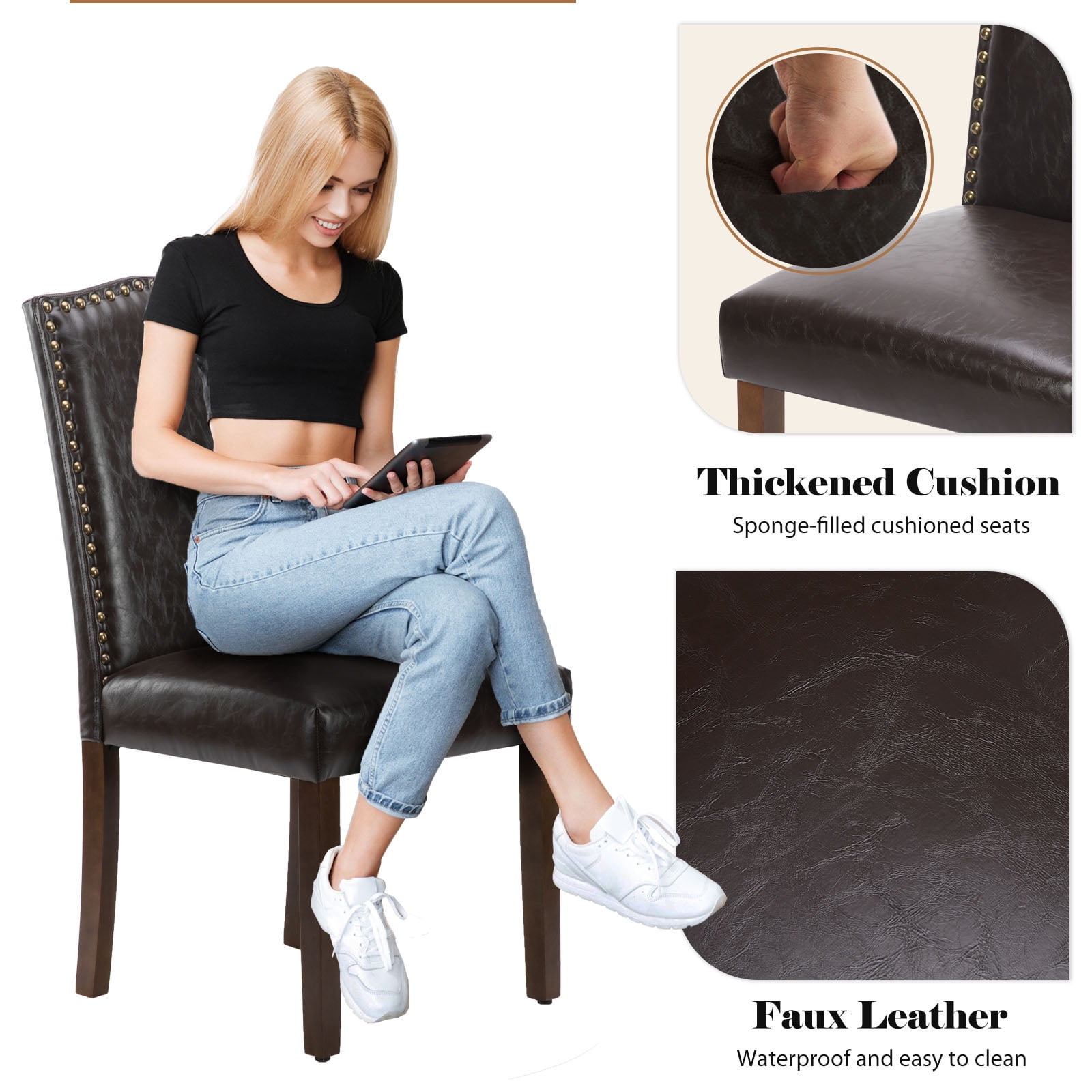 EDX Dining Chairs Set of 2, Parsons Chairs with Nailhead Trim and Wood Legs