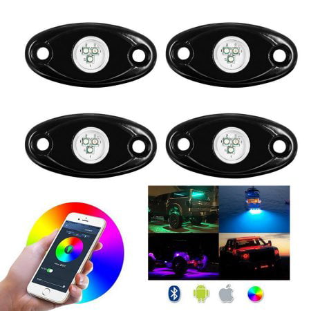 Jeobest Led Rock Lights - 4X Pods Mini bluetooth RGB LED Rock Light 4 Pods Multicolor RGB LED Rock Lights Cell Phone APP Bluetooth Control Flashing Neon LED Light Kit For JEEP Offroad (Best Flashing Box For All Mobile)