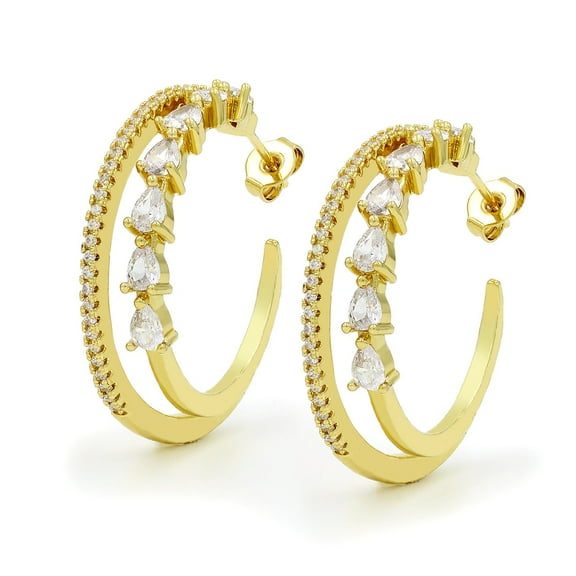 Gold Plated Micro Pave Double Row Pear & Bar, CZ Cubic Zirconia Hoop Earring, Giorgio Bergamo