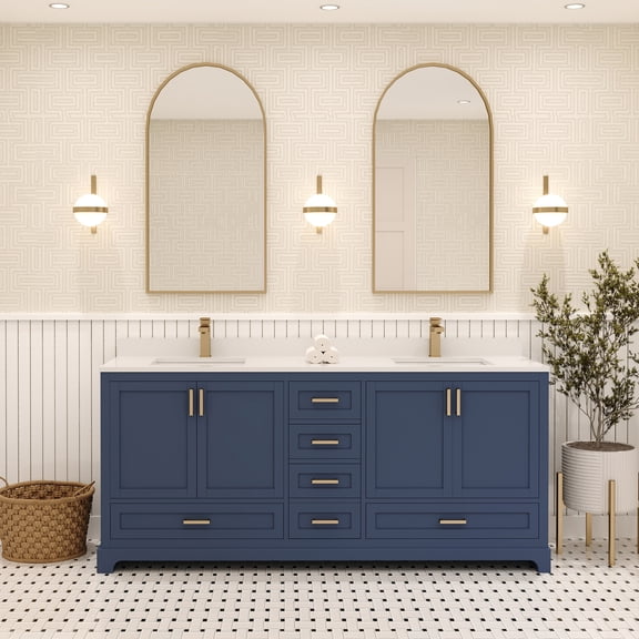 Ayna Decors Maya 72 in Navy Blue Double Sink Bathroom Vanity Set with White Quartz Countertop | 4 Soft Closing Doors | 6 Full Extention Soft Close Drawer | Gold Hardware