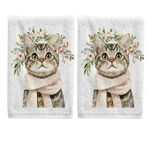 Ryvnso Cat and Flower Hand Towels Set for Bathroom Cotton Face Towel Decorative 15.5x29.5 inch