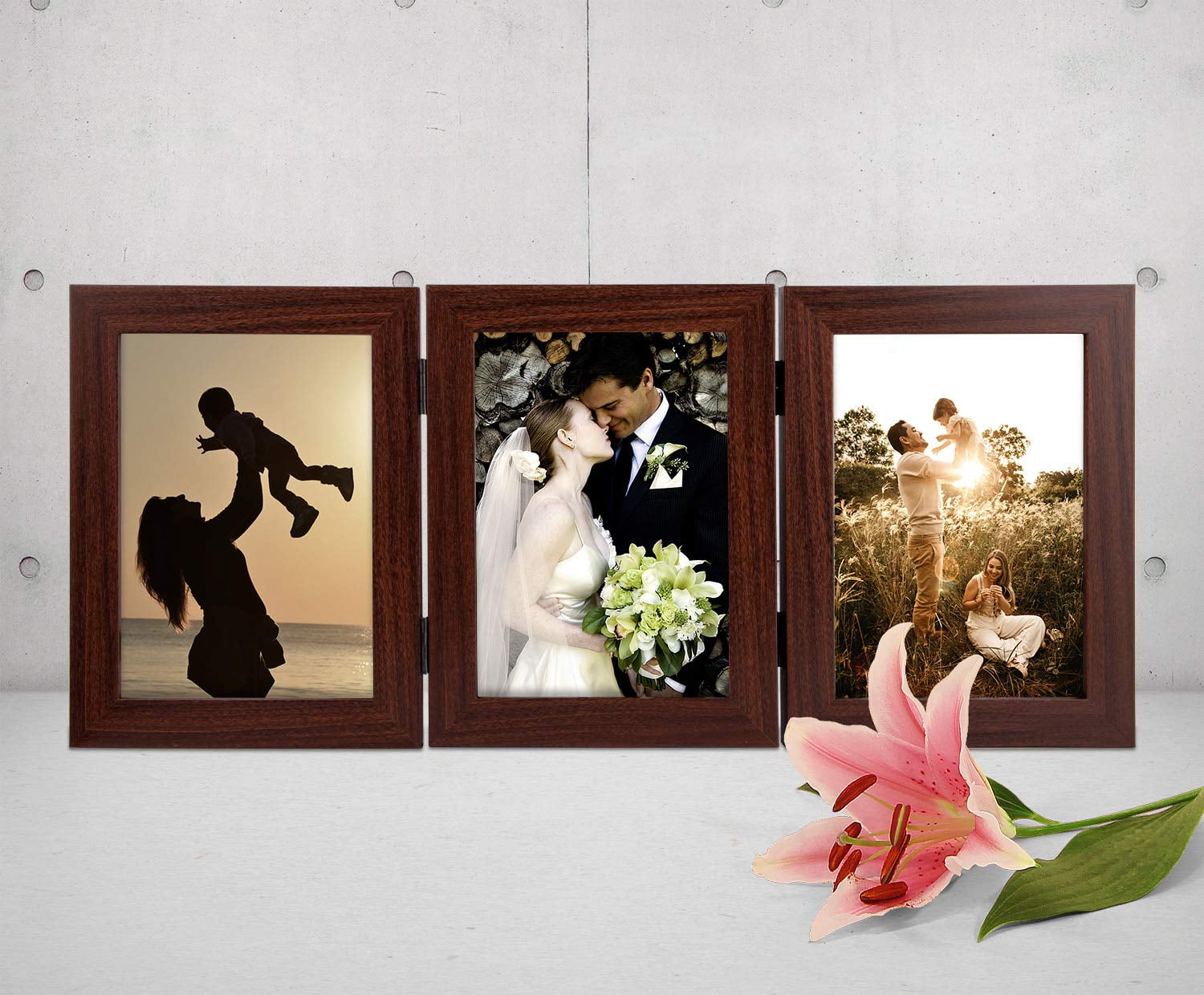 Golden State Art 3-Opening 5x7 Desk Top Hinged Family Decor Collage Picture Frame, Brown, 1-Pack