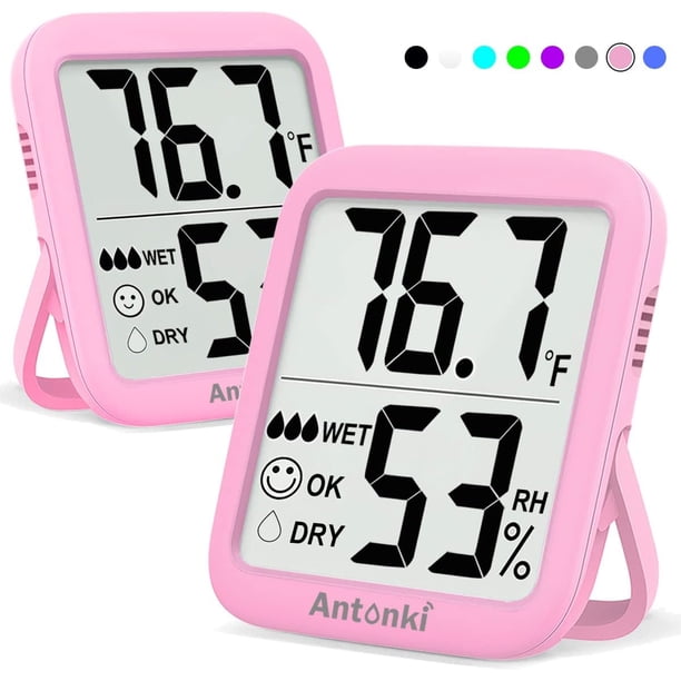Antonki Termómetro de habitación para el hogar, paquete de 2 monitores digitales de temperatura y humedad, sensor higrómetro interior, medidor de humedad, medidor de humedad para habitación de bebé, t