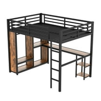Queen Loft Bed with Built-in Wardrobe & Desk, Metal Storage Loft Bed Frame with Shelves, Space-Saving Woodgrain Finish for Small Rooms