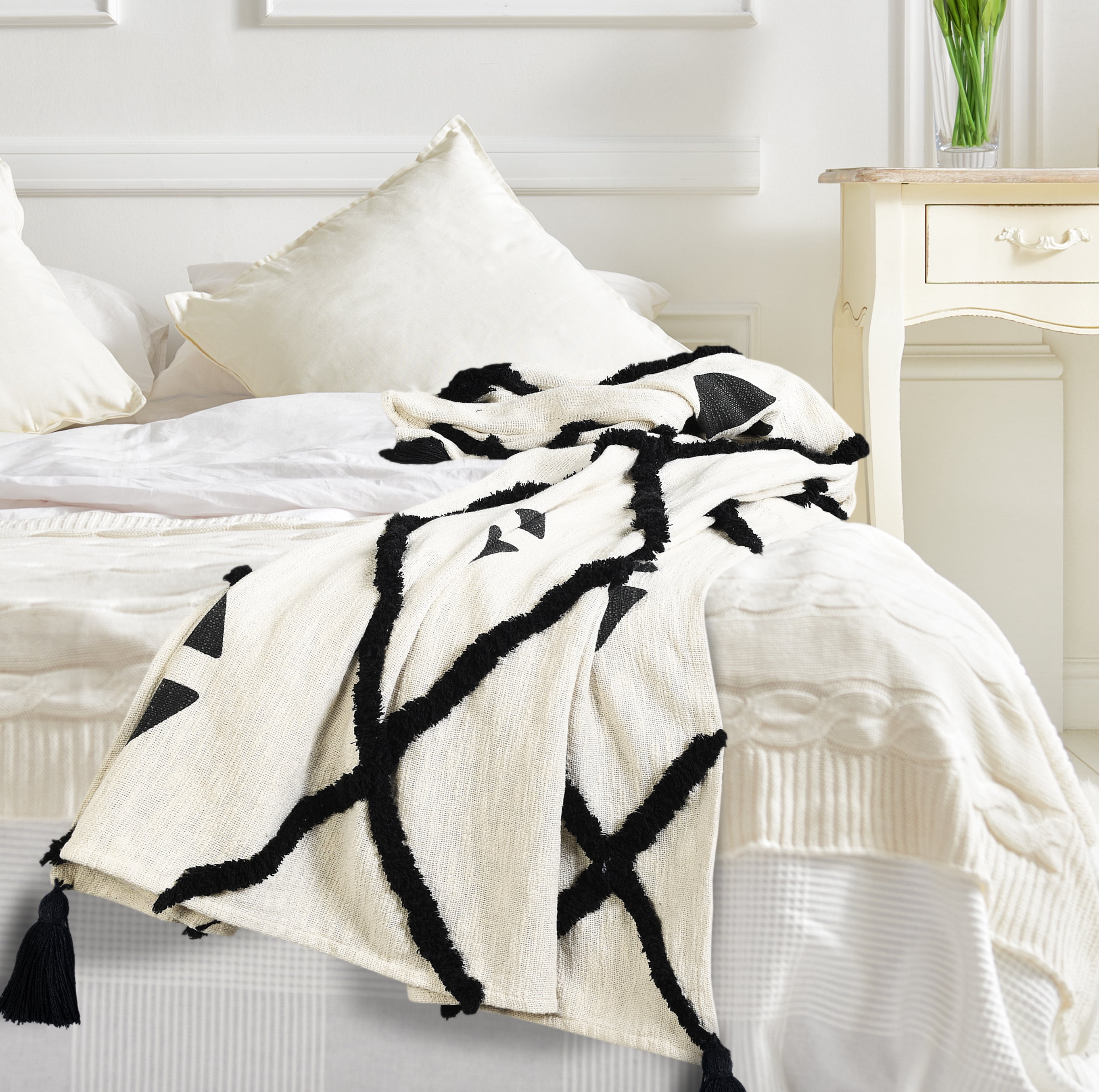 LR Home and Evette Rios Cream and Black Diamond Stripe Cotton Throw Blanket, 50" x 60"