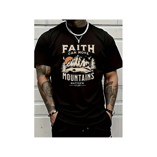 Camiseta "La Fe Mueve Montañas" para hombre, 100 % algodón, con estampado bíblico inspirador, cuello redondo, manga corta, informal, negra con letras blancas, estilo urbano de temporada.