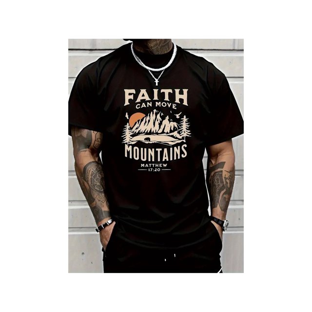 Faith Can Move Mountains Men's 100% Cotton T-Shirt - Inspirational Biblical Print, Round Neck Short Sleeve Casual Tee, Black with White Lettering, Seasonal Trendy High Street Fashion