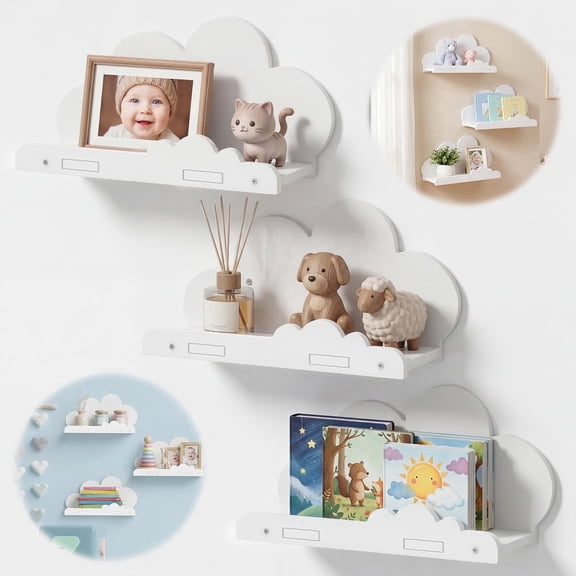 3Pcs Cloud Shelves Cloud Shape Floating Shelf Wall Mounted Storage Shelf Floating Shelves Nursery Wall Display Rack Wall Shelves with Screw,11.61*035 In