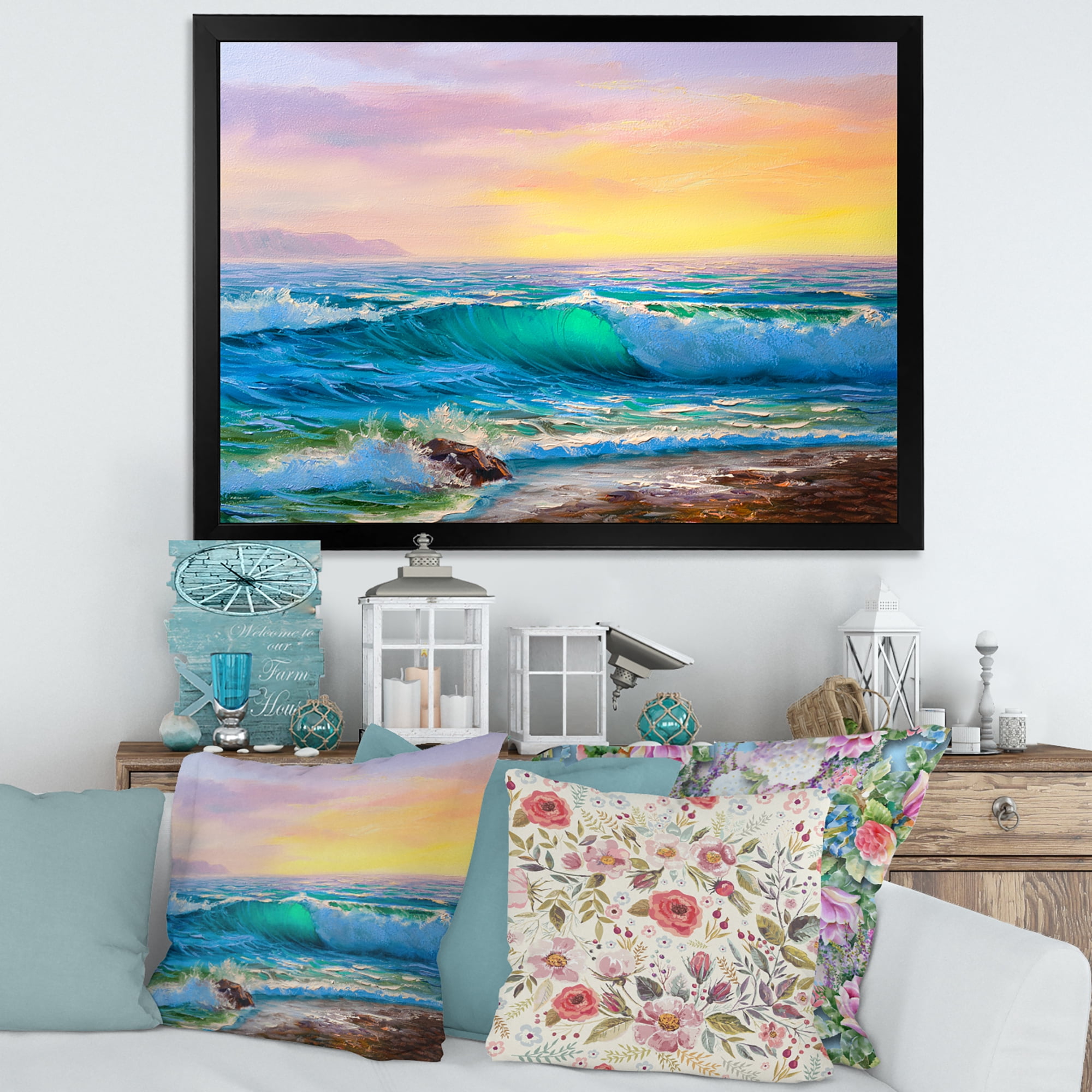Designart 'Blue Waves Breaking At The Beach Landscape IV' Nautical & Coastal Framed Art Print