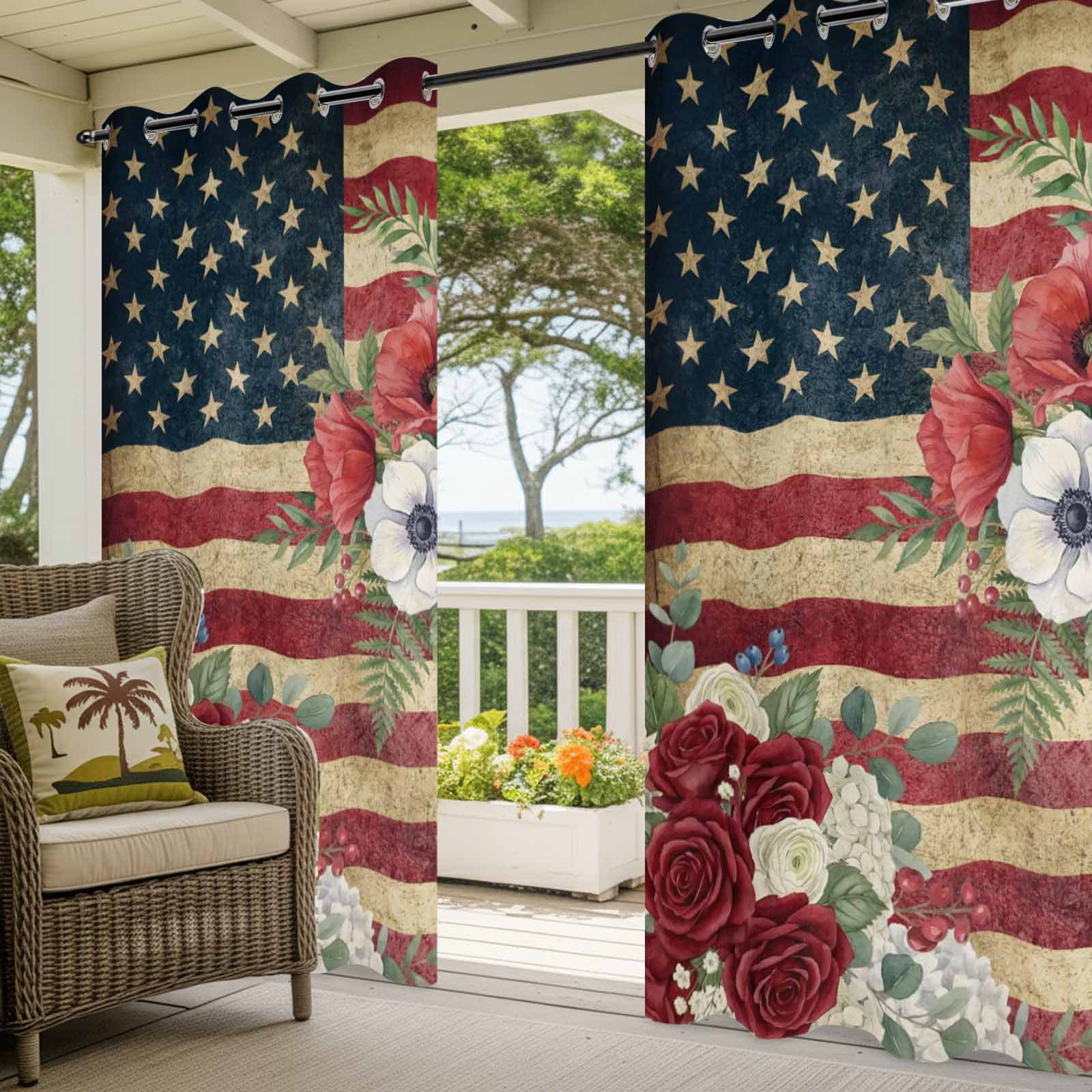 4th of July Outdoor Curtains for Patio, Patriotic USA Flag Stars Red Flowers Leaf Rustic Sunshade Privacy Drapes Grommet Waterproof Outside Curtains for Porch/Cabana/Balcony 54"x 108", 1 Panel