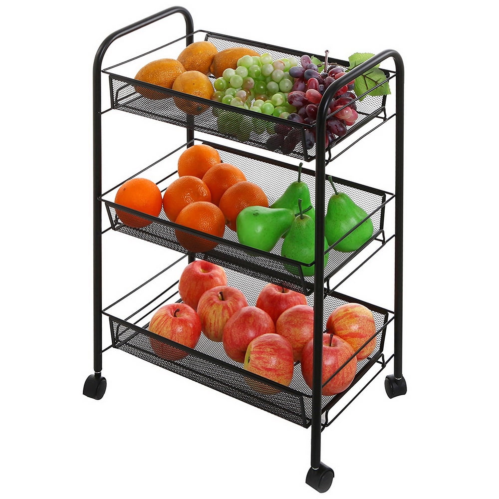 3 Tier Metal Kitchen Storage Trolley Vegetable Fruit Cart Drawer Rack Wheels New