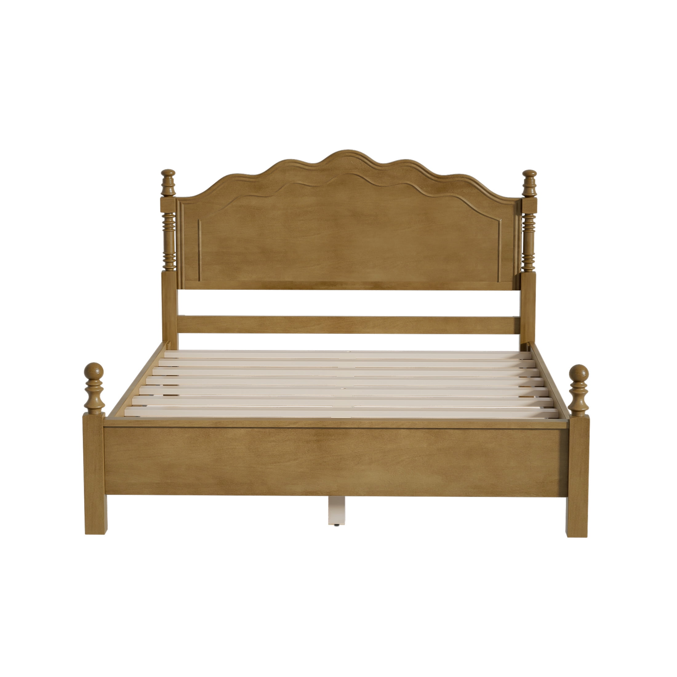 Noble House Queen Size Wood Platform Bed with Curved Headboard, Spindle Posts, Dark Oak