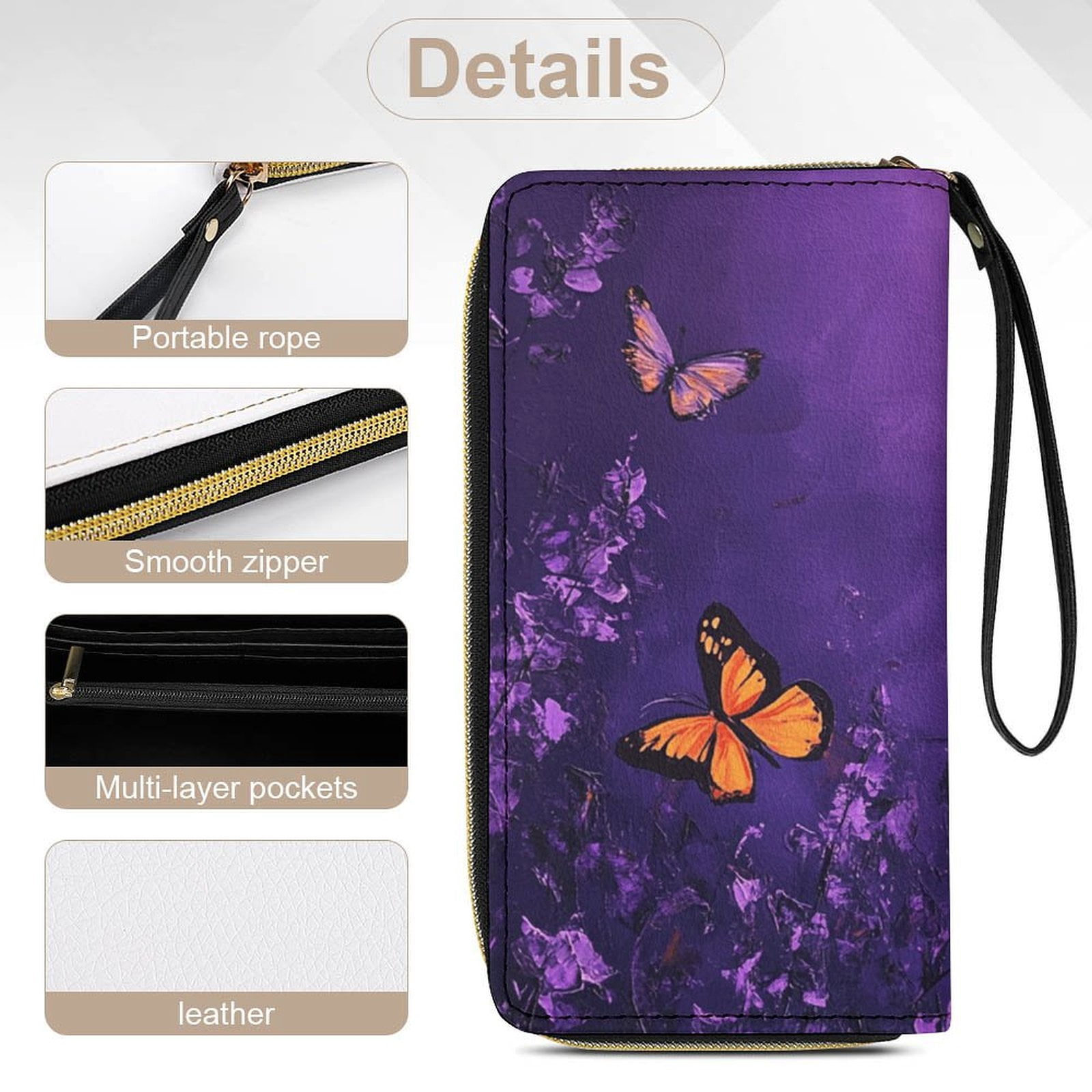 Womens Wallet Bifold Ladies Cluth Bag Wristlet Wrist Strap Long Purse Purple Butterfly Design