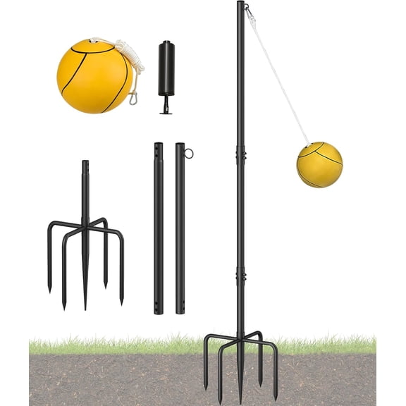 Heavy Duty Tetherball Sets with Ball & Rope for Backyard, Adjustable Iron Sleeve Tetherball Equipment for Outdoor Playground, Tether Ball Pole with 5-Prong Base for Dogs/Kids/Adults