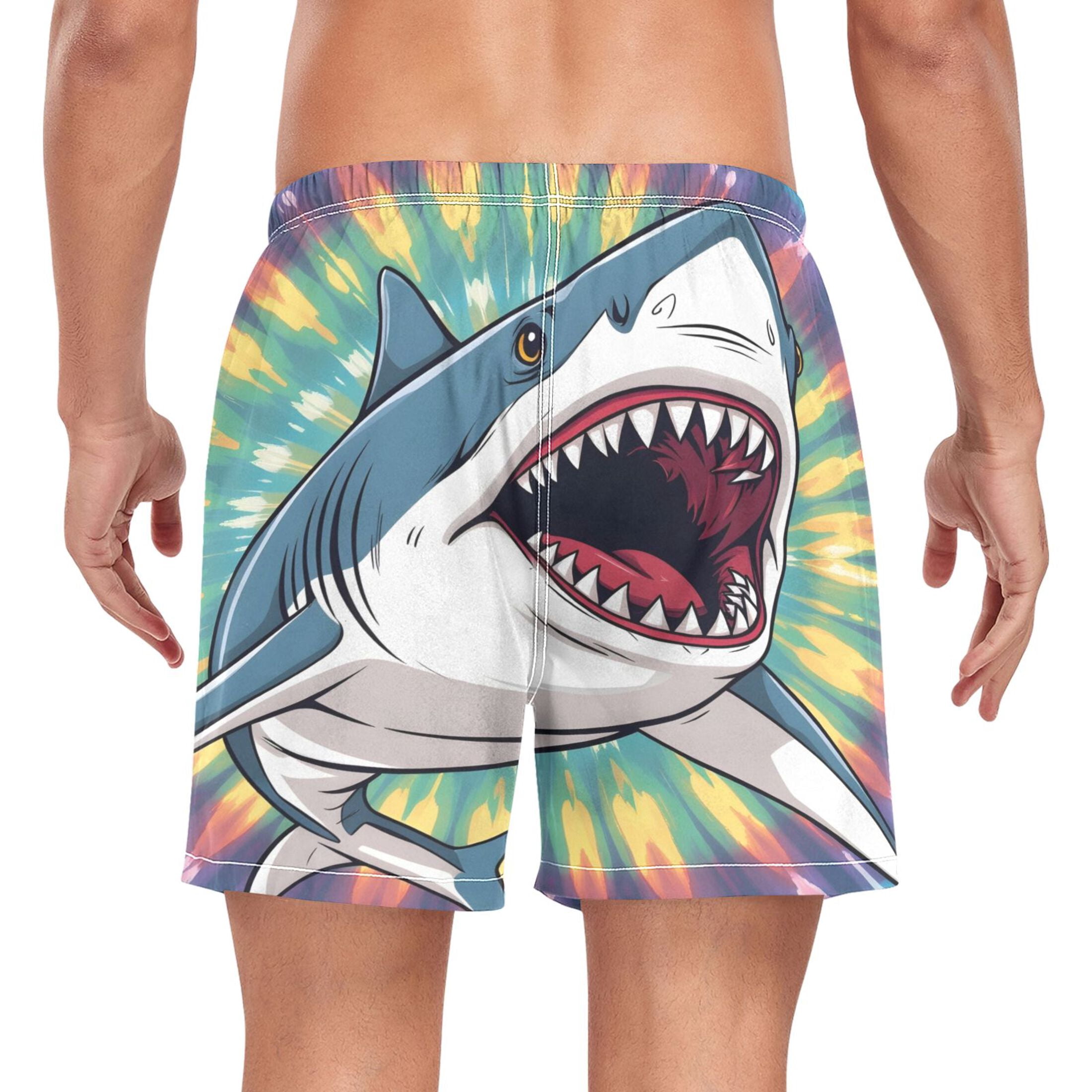 joogoo Men's Shark Tie Dye Swim Trunks with Liner Pocket Beach Shorts Large