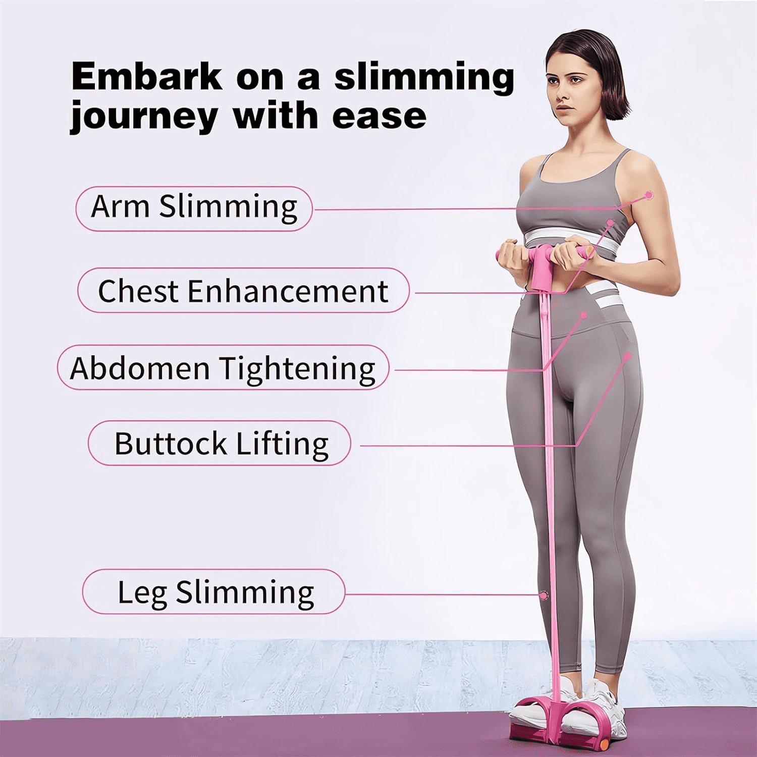 FORICOM 4 Tubes Natural Latex Foot Pedal Elastic Pull Rope with Handle Fitness Equipment Bodybuilding Expander for Abdomen/Waist/Arm/Leg Stretching Slimming Training（Pink）