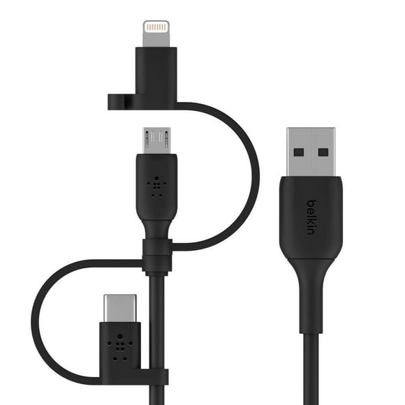Belkin Câble USB-A Universel 3-en-1 - Câble USB-C, Câble Lightning, Câble de Charge Micro-USB - Cordon de Charge Boost Charge Charger Conçu pour Apple iPhones & iPads, Galaxy, Tablette, Téléphone Intelligent - Noir