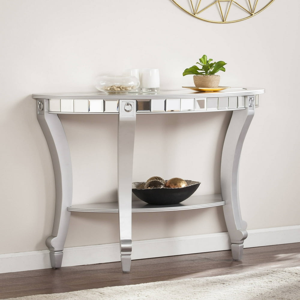 Ladislas Glam Mirrored Demilune Console Table, Matte Silver by Ember