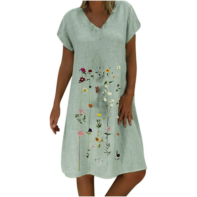 Robe Courte Décontractée pour Femmes Grande Taille à Manches Courtes Brodées, Col en V