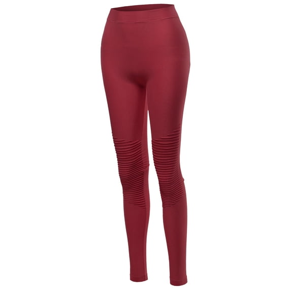 A2Y Women's Solid Basic Seamless Fitted Full Length Moto Leggings Cabernet SM