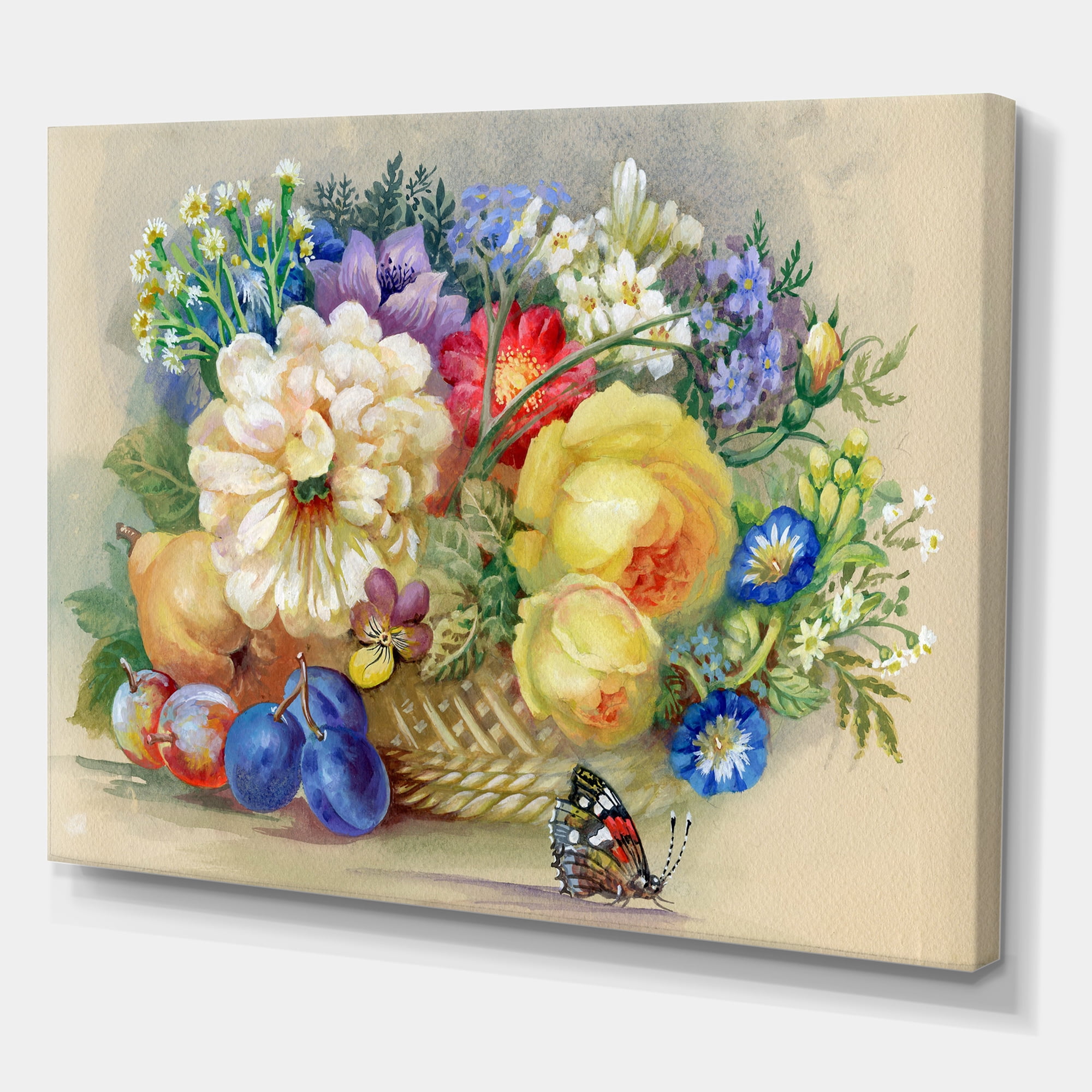 Vintage Still Life Of White and Yellow Flowers 8 in x 12 in Painting Canvas Art Print, by Designart