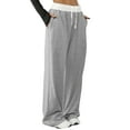 thumbnail image 2 of Women'S Contrast Color Waistband Sweatpants Wide Leg Pants with Drawstring Buckle Light Linen Gray M, 2 of 8