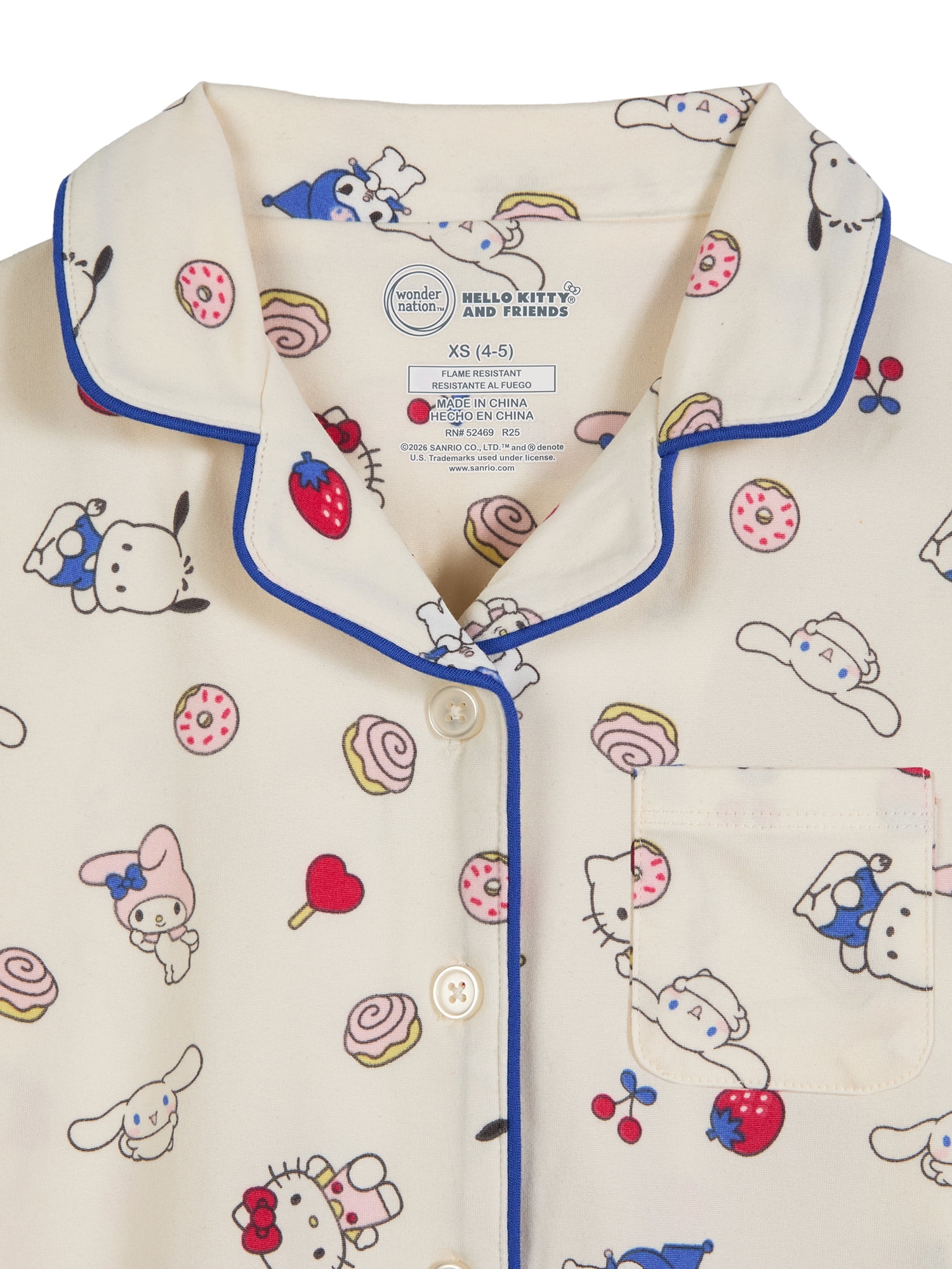 Hello Kitty x Wonder Nation Girls Short Sleeve Notch Collar Top and Short Pajama Set, 2-Piece, Sizes 4-18