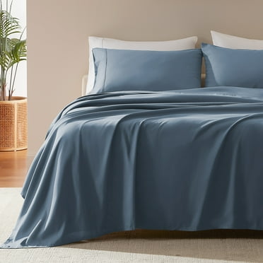 SLEEP ZONE Nanotex Super Soft Cooling Queen Bed Sheets Set 4 Piece - Easy Care Fitted Flat Sheet & Pillowcase Sets - Wrinkle Free, Fade Resistant, Deep Pocket 16" (Flint Blue, Queen)