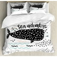 thumbnail image 1 of Adventure Nursery King Size Duvet Cover Set, Sea Adventure Text with Hand Drawn Whale Shark Design, Decorative 3 Piece Bedding Set with 2 Pillow Shams, Black Pale Pink and Pale Blue, by Ambesonne, 1 of 3