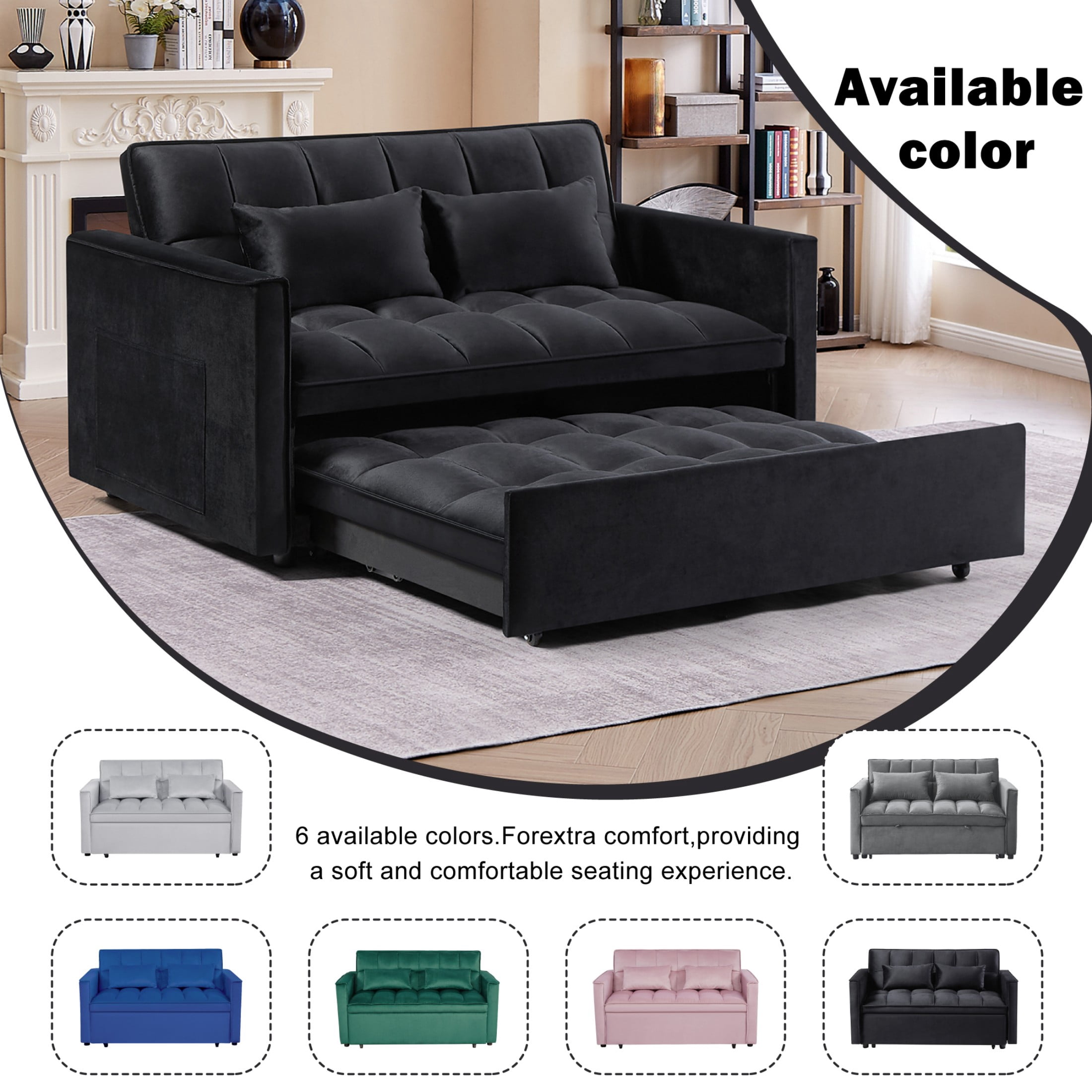 Gewnee 54" Modern Convertible Velvet Futon Sofa Bed with Pull-Out Sleeper and Adjustable Backrest, Loveseat Couch for Living Room or Office (Black)
