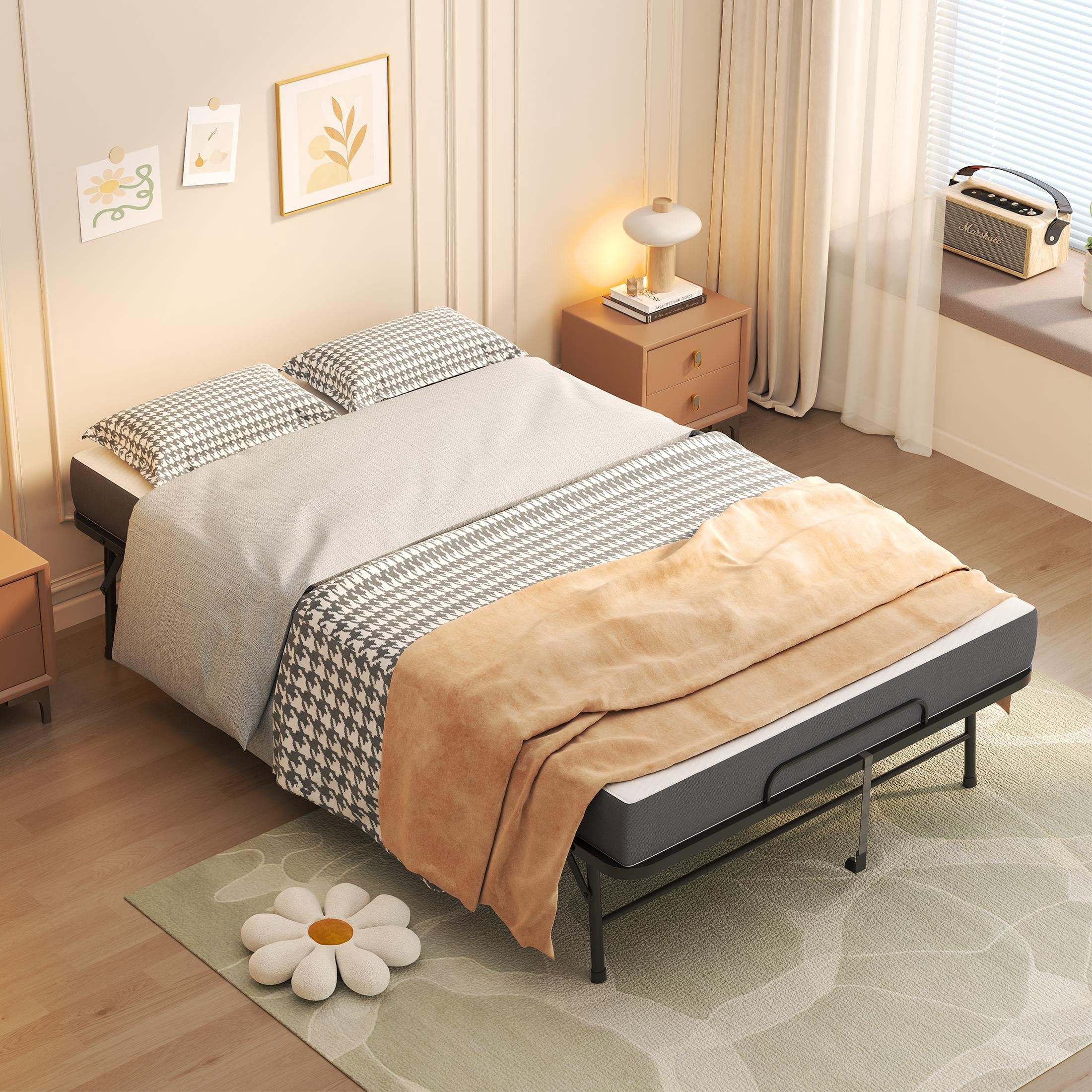 PORKISS Extra Wide Folding Bed with Mattress for Adults, Rollaway Guest Bed with 5" Memory Foam Mattress, Portable Foldable Bed with Locking Wheels, Space Saving Guest Bed, 74.8" x 45.6"