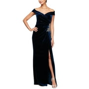 Alex Evenings Women's Velvet Off The Shoulder Evening Gown Blue Size 18