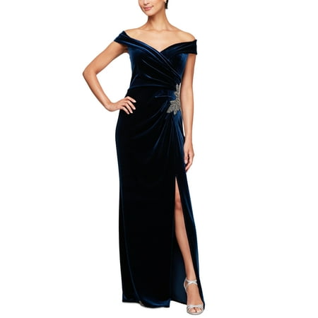 Alex Evenings Women's Velvet Off The Shoulder Evening Gown Blue Size 18