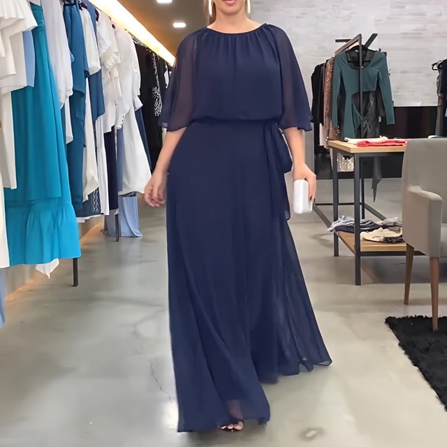 EGNMCR Robes de Fête pour Femmes Robe d'Été en Mousseline pour Femme Robe Décontractée au Style Élégant Robe à Manches Courtes à Col Rond