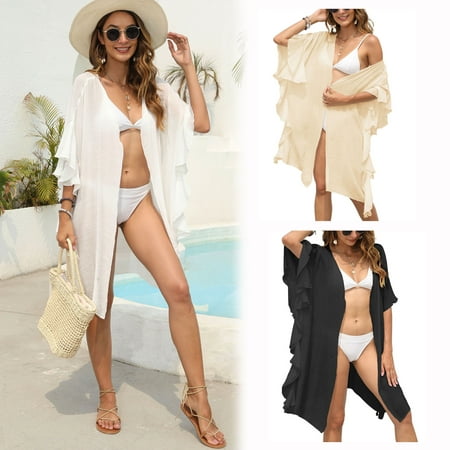 LELINTA Lightweight Women s Beachwear Swimwear Swimsuit Bikini Beach Cover up with Pleated Ruffle Sleeve