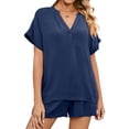 thumbnail image 1 of ZXZY Women Notch V Neck Short Sleeve Top Drawstring Shorts Loungewear Sets, 1 of 7