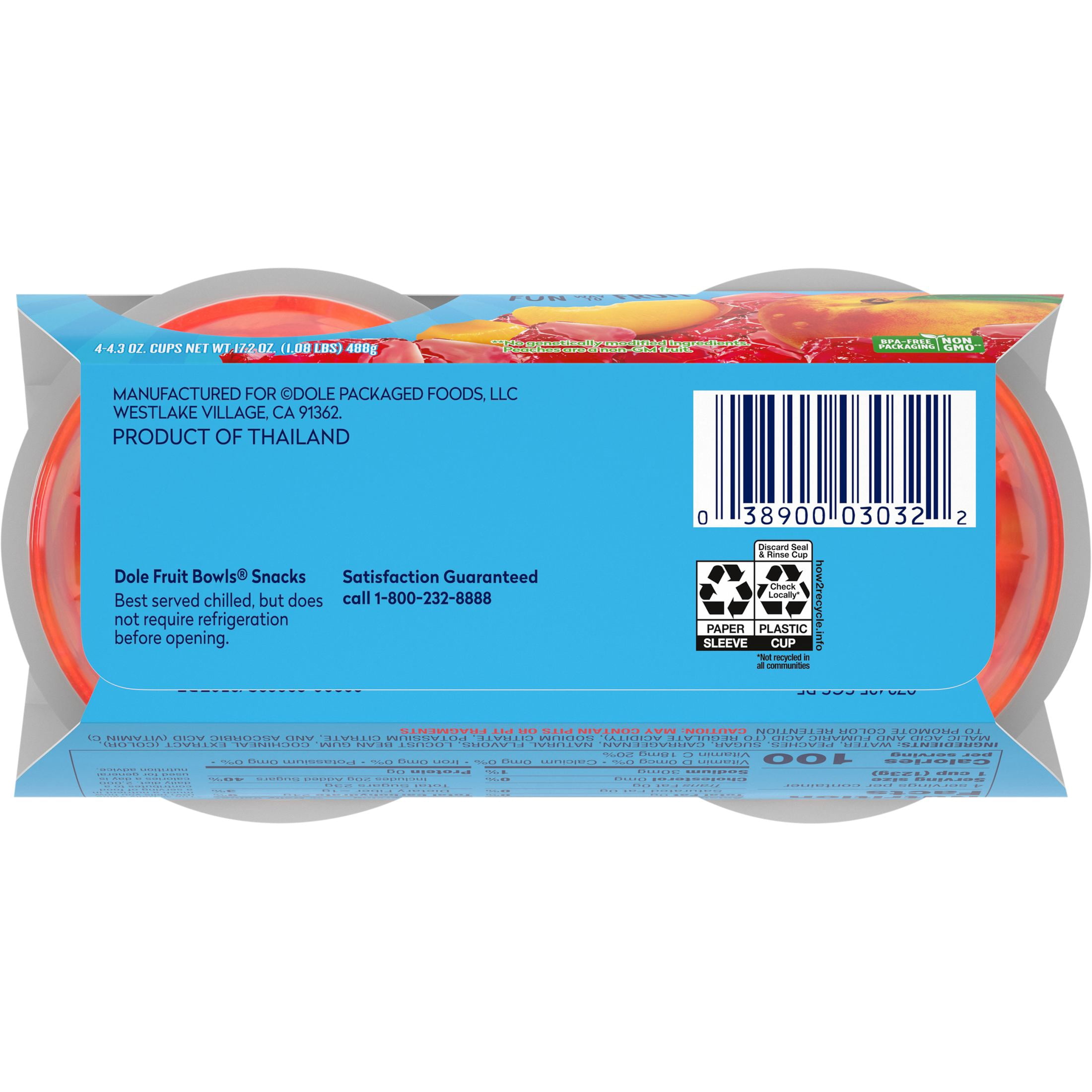 (4 pack) Dole Fruit Bowls Diced Peaches in Strawberry Gel, 4.3 oz Cups (4 Pack)