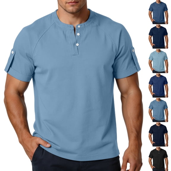 Paiwinds Men's Casual Short Sleeve Henley Shirt with Button Placket, Round Neck T-Shirt Top for Daily Wear, Black