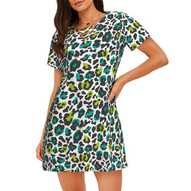 Disketp Green Leopard para Camisón Corto de Manga Corta para Mujeres, Camisón Cómodo con Escote Redondo, Bonito y Confortable