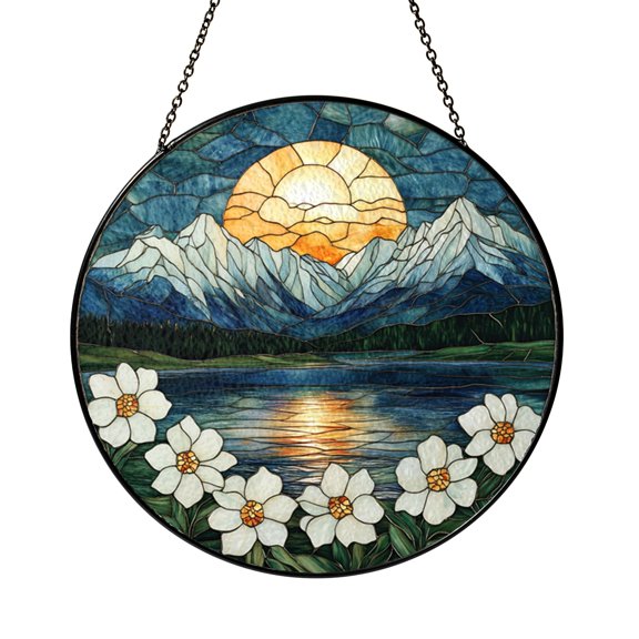 Alpine Snow Lake Stained Glass Suncatcher, Mountain Water Landscape Window Hanging With Cool Winter Tones, Calm Nature Inspired Decor